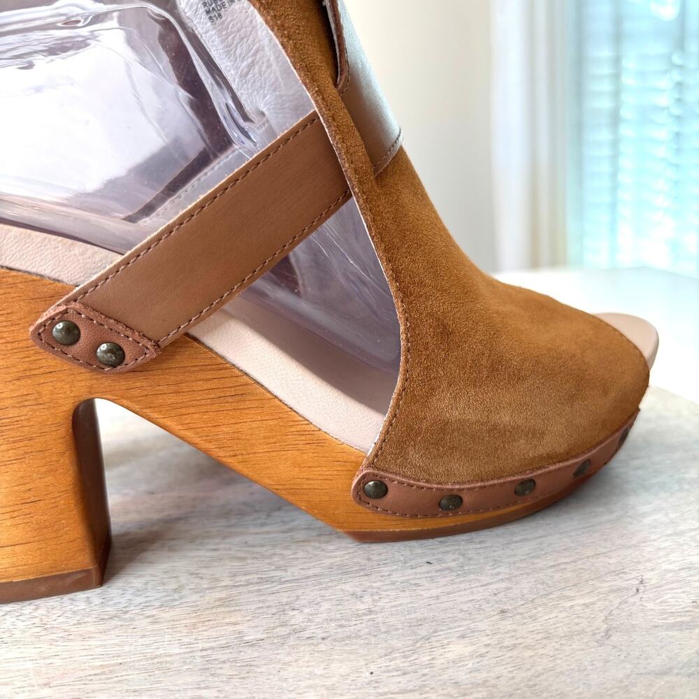 Jambu Handcrafted Suede Wood Platform Sandals Women's Size 8 Brown Peep Toe - Picture 6 of 13